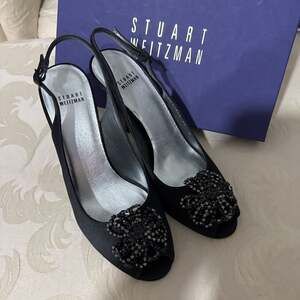 Stuart Weitzman Black Beaded Slingback Heels Size‎ 10 | Evening Peep Toe